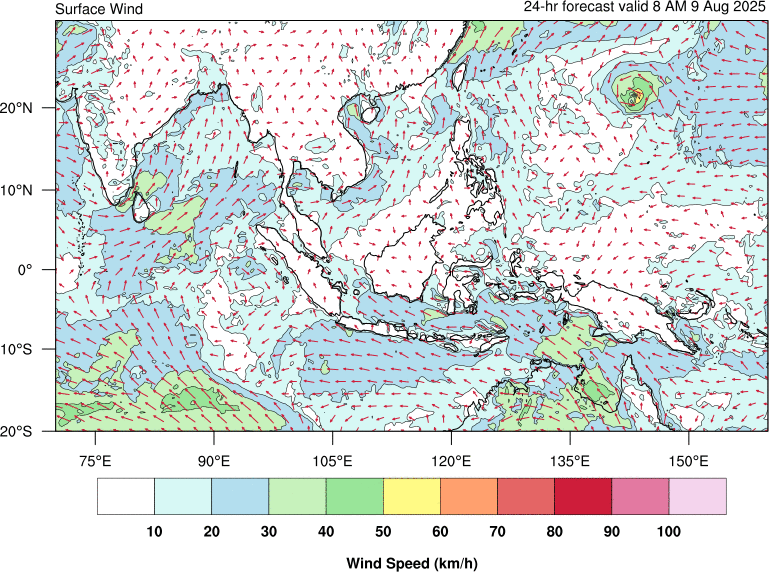 24 hour surface wind forecast