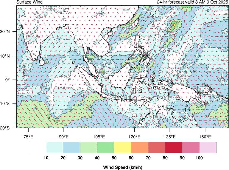 24 hour surface wind forecast