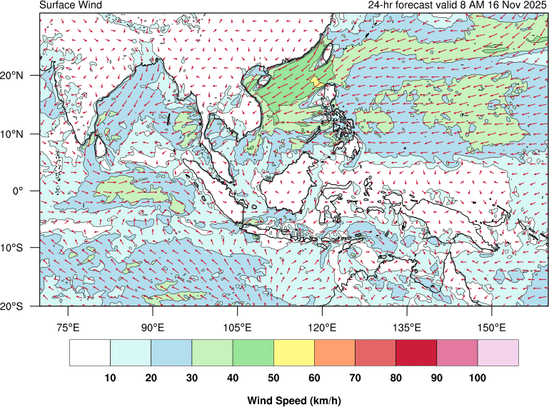 24 hour surface wind forecast