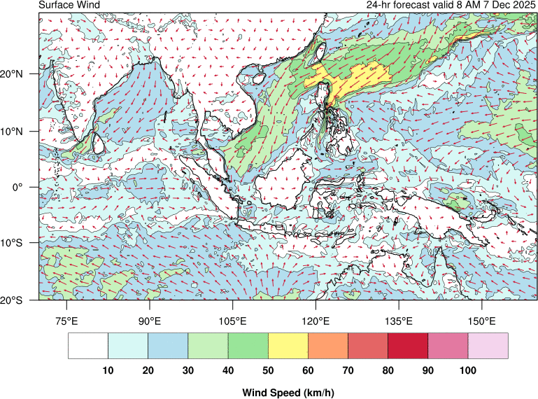 24 hour surface wind forecast