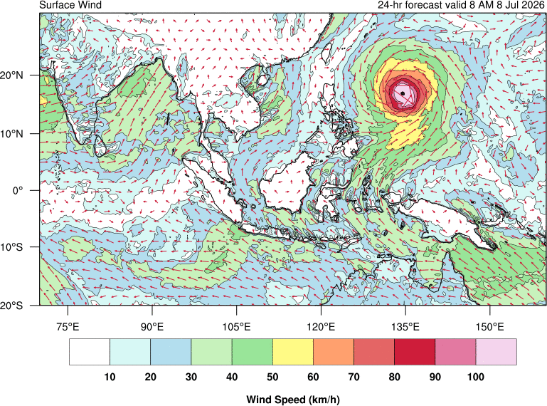 24 hour surface wind forecast