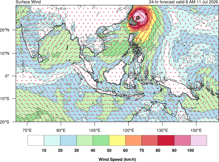24 hour surface wind forecast