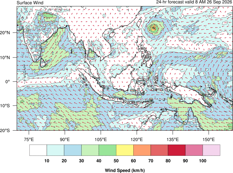 24 hour surface wind forecast