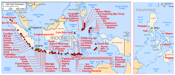 Major active volcanoes in Indonesia and the Phillipines