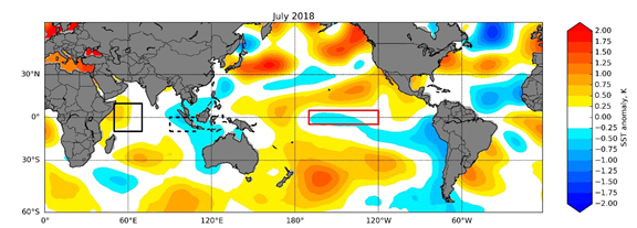Sea-surface temperature anomaly over the Pacific and Indian Oceans.